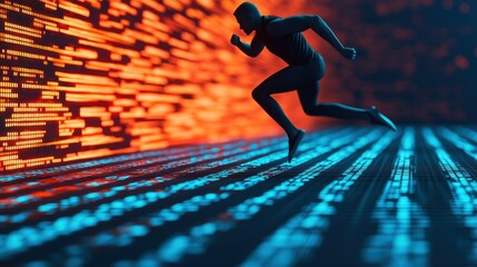 Poster - A digital figure runs through a matrix of glowing data streams, symbolizing speed, technology, and the intersection of human effort and digital innovation.