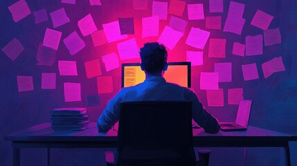 Poster - A silhouette of a person at a desk, illuminated by colorful lights, surrounded by sticky notes, working intently on a computer.