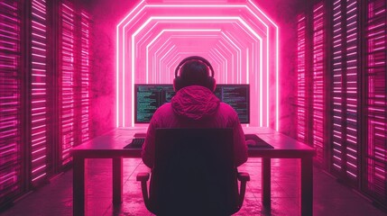 Poster - A person sits in front of dual monitors in a neon-lit space, immersed in technology and coding amidst vibrant pink lights.