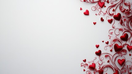 Fototapete - Elegant red hearts with swirling designs forming a charming border on a minimalist white background, ideal for romantic themes.