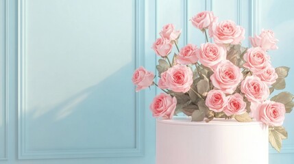 Poster - Elegant white podium topped with soft pink roses, with a pastel blue backdrop creating a charming Valentine aesthetic.