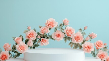Poster - Elegant white podium topped with soft pink roses, with a pastel blue backdrop creating a charming Valentine aesthetic.