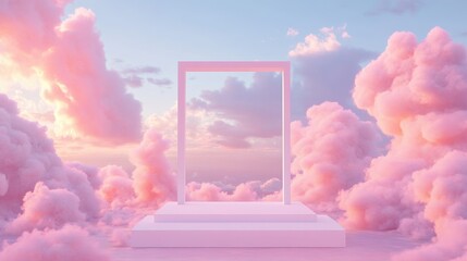 Poster - Minimalist white podium framed by soft pink clouds on a calming pastel background, creating a serene Valentine-inspired scene.