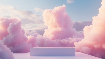 Poster - Minimalist white podium framed by soft pink clouds on a calming pastel background, creating a serene Valentine-inspired scene.