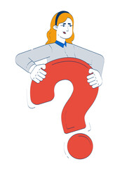 Poster - Doubted caucasian woman holding question mark 2D doodle character. Woman office worker needing answers and support cartoon person vector drawing isolated on white. Hand drawn illustration colorful