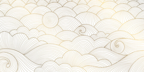 Aufkleber - Vector gold white asian pattern, wave line sea, japanese style abstract water illustration. Luxury oriental poster, river banner