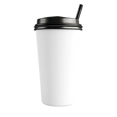 Poster - A tall white paper cup with a black lid and straw is shown against a black background.  It is a simple, clean image suitable for branding or mockups.
