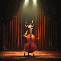 Leinwandbilder - Deer plays cello on stage under spotlight in elegant theater setting during performance. Generative AI