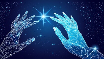 Wall Mural - Robot or cyborg arm and hand human. Touch Technological concept. Low poly blue. Polygonal 