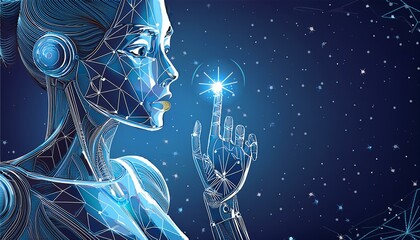 Wall Mural - Robot or cyborg arm and hand human. Touch Technological concept. Low poly blue. Polygonal 