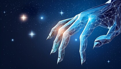 Wall Mural - Robot or cyborg arm and hand human. Touch Technological concept. Low poly blue. Polygonal 