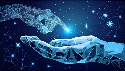 Wall Mural - Robot or cyborg arm and hand human. Touch Technological concept. Low poly blue. Polygonal 