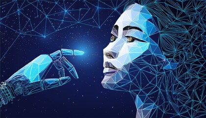 Wall Mural - Robot or cyborg arm and hand human. Touch Technological concept. Low poly blue. Polygonal 