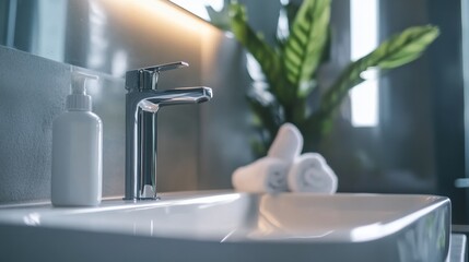 Poster - Sanitizer droplets effectively eliminating bacteria at a modern bathroom sink in a serene, well lit atmosphere. Generative AI