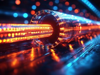 Poster - A lively abstract picture depicting energetic movement as bright green and orange light rays intersect around a central orb