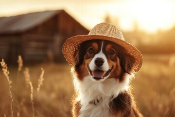 Poster - Dog in a straw hat enjoys the warm sunset at a rustic farm surrounded by golden fields. Generative AI