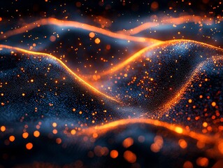 Poster - A futuristic digital environment with streams of orange and blue light, depicting data visualization or audio frequencies