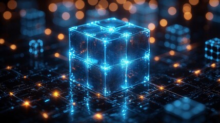 Poster - An abstract visual representation with floating blue squares and glowing particles on a dark background, conveying a sense of vibrant motion and energy