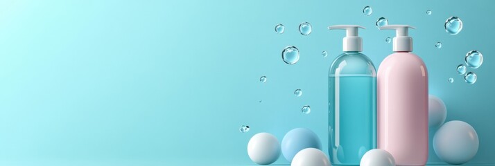 Aufkleber - Sanitizer droplets eliminate bacteria in a refreshing blue background. Generative AI