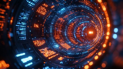 Poster - A vibrant, swirling tunnel of blue and orange light, evoking a sense of depth and energy, reminiscent of digital or cosmic phenomena