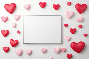 Wall Mural - Minimalistic blank white banner, with simple pink and red hearts around, valentine's day, mockup