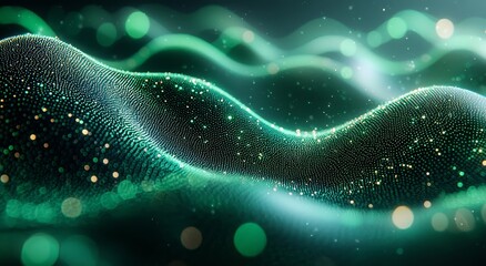 Poster - Abstract green fluid waves in motion on a black background, suitable for digital design and tech projects. Banner, poster, template