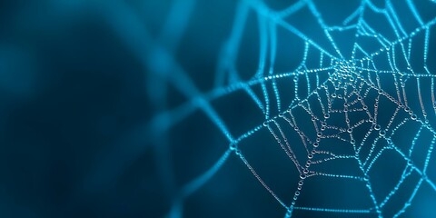 A close-up of a spider web adorned with tiny water droplets, set against a blurred blue background. Concept Nature's Art, Macro Photography, Dewdrops on Web, Blue Background, Intricate Details