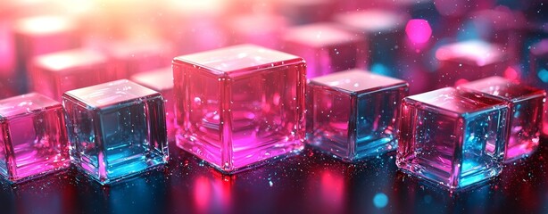 Poster - Dynamic colorful cubes in motion creating an abstract art installation in a digital environment, representing a futuristic concept with a vibrant viewpoint for visual impact