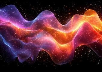 Poster - A mesmerizing, looped abstract background with wavy strings and vibrant purple-yellow hues, perfect for science, technology, and art performances, in high-resolution 4K at 60 fps