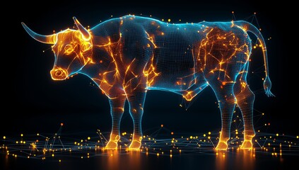 Poster - Dynamic digital bull animation in a virtual studio with 3D rendering of a futuristic scene, portrayed from an artistic viewpoint