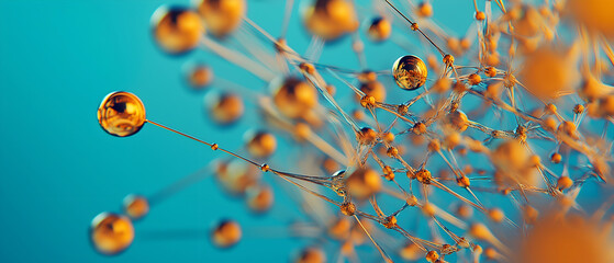 Aufkleber - An abstract representation of interconnected spheres and strands, showcasing a vibrant color palette of orange against a blue background.