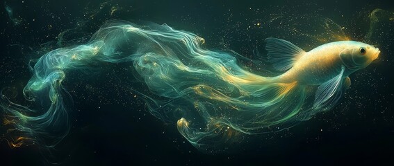 Poster - Digital art showcases neon green fish swimming through data streams, symbolizing an abstract concept in a futuristic setting
