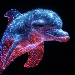 Poster - A futuristic digital ocean visual art abstract environment featuring an Stock dolphin in motion, blending nature and technology