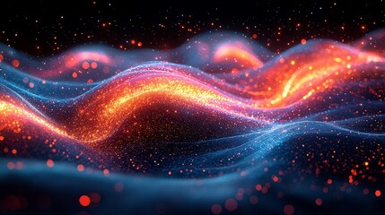 Poster - Vibrant particle waves dynamically flowing across the screen, an abstract art form