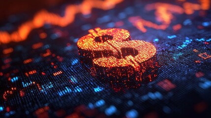 Poster - A blue dollar coin visually represented in digital form on an animated background of cryptographic statistics. Finance motion graphics showcasing the USD currency as a monetary token. Representation