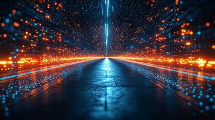 Poster - Abstract visuals depicting dynamic digital waves in a futuristic virtual space, viewed macroscopically, and infused with technology and innovation concepts