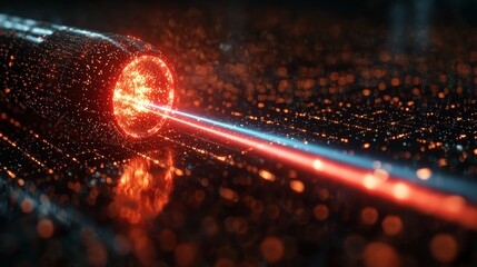Poster - In a dark environment, a close-up view of a futuristic energy core emitting light beams, blending into abstract digital art with a technological concept