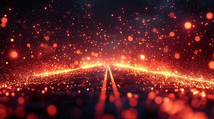 Poster - Luminous red dots create lines of dynamic motion on a tilted plane, rendered in double exposure for a futuristic digital backdrop
