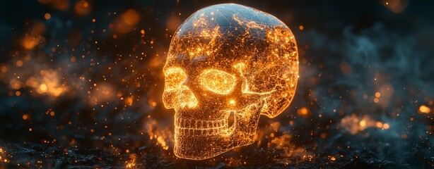 Poster - The scene displays an illuminated skull and bones emitting glowing smoke, resulting in a strikingly eerie visual impact in a dark setting
