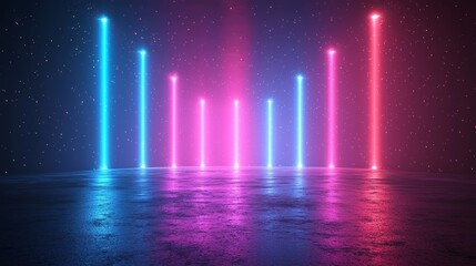 Poster - A vibrant, abstract background features bright blue and pink streaks radiating outward, evoking a sense of depth and movement