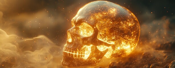 Poster - An illuminated skull and bones emit glowing smoke, crafting a hauntingly beautiful image in a dim setting
