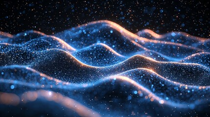 Poster - Virtual 3D animation captures digital waves of light dancing on an oceanic surface, symbolizing an abstract nighttime technology concept
