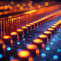 Poster - A vibrant, abstract pattern of glowing blue and orange dots, reminiscent of a digital display or sound wave visualizer