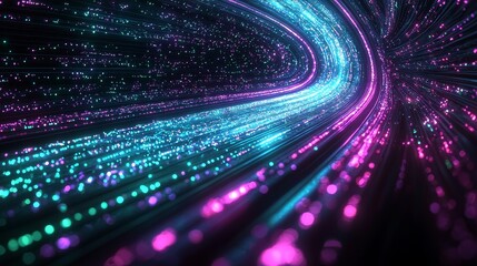 Poster - Abstract futuristic background featuring glowing lines and colorful particles in vibrant hues surrounded by dynamic motion effects