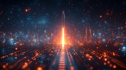 Poster - Innovative technology and futuristic concepts come to life in a 3D animation of a rocket launch event, offering an aerial view of a digital space