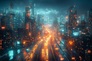 Poster - A high-tech, futuristic urban environment highlighted by dynamic motion graphics, offering a unique viewpoint of an illuminated nightscape concept
