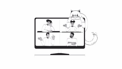 Poster - Virtual meeting with playful cat lounging outline 2D object doodle animation. Online conference diverse employees monochrome linear drawing 4K video. Computer monitor animated item isolated on white