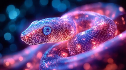 Poster - In a neon-drenched digital realm, a close-up visual concept of a futuristic glowing polygonal snake animation unfolds