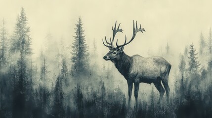 Wall Mural - Majestic elk standing in a misty forest.