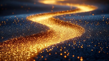Poster - In an abstract dark setting, golden bokeh particles dance around, observed from an artistic angle, reflection of a sparkling concept